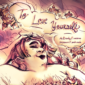 a crop of the cover page for the mitsuri body positivity zine. art by solarsnapp. features a fat, nude mitsuri laying in a field with roses on and around her